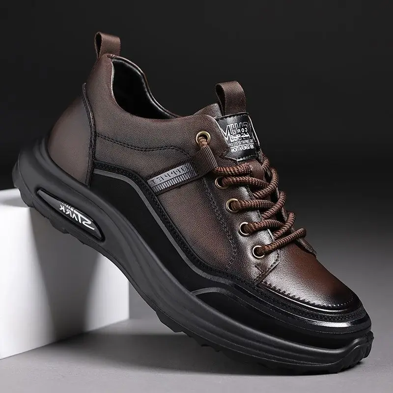 

Casual Genuine Leather Shoes Men Leisure Sports Walking Cowhide Sneakers Thick Sole Damping Air Cushion Running Soft Bottom