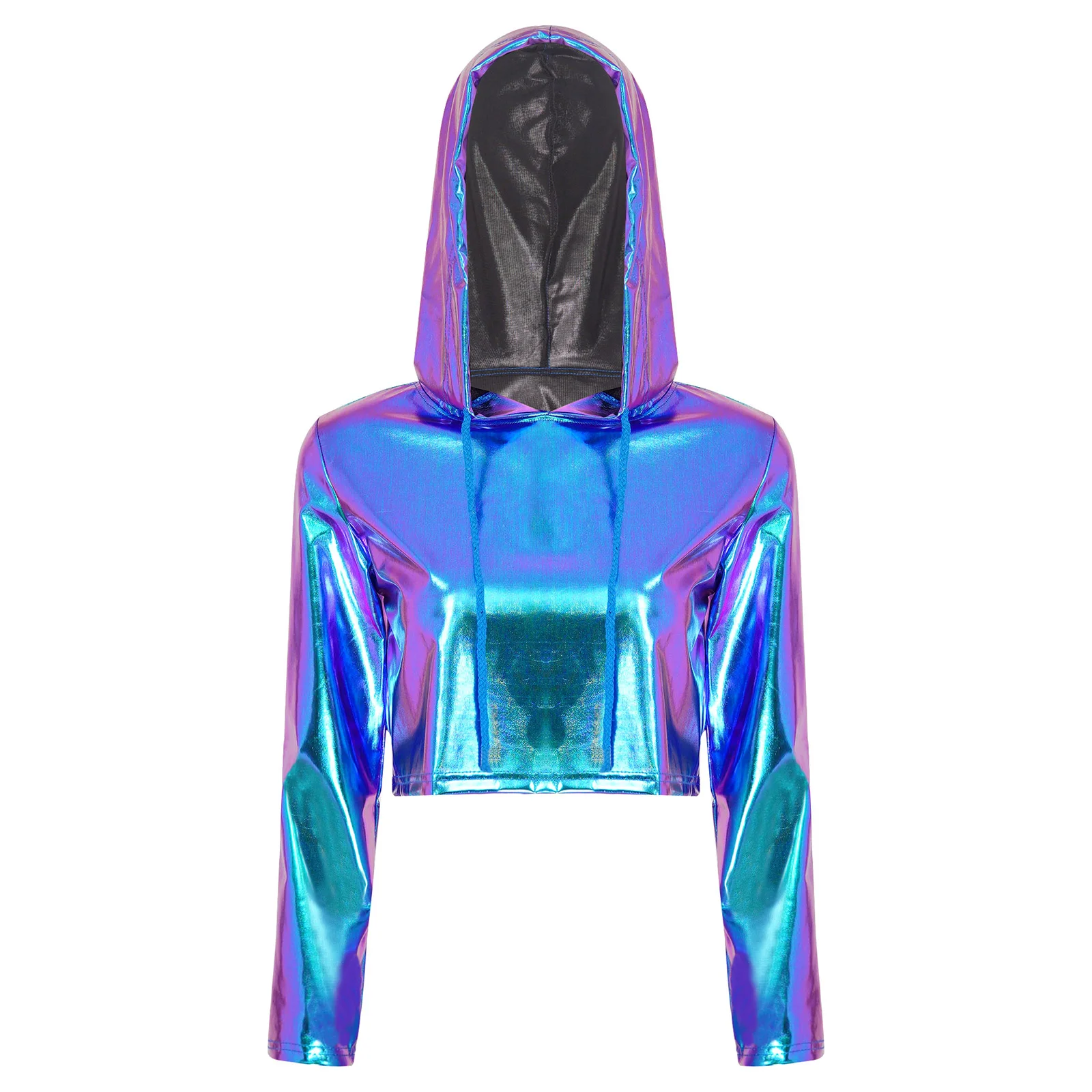 Womens Long Sleeve Hooded Crop Top Dance Performance Clothes Metallic Fashion Drawstring Rave Party Music Festival Stage Costume