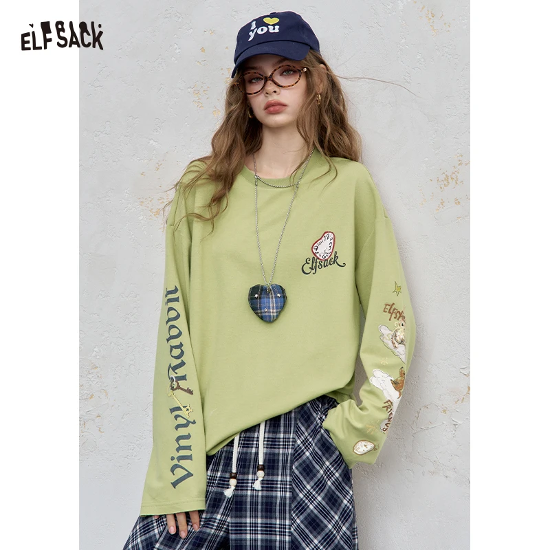 

ELFSACK 2025 Autumn New Arrival Streetwear Casual Graphic Print Long Sleeve Loose Fit Oversized Tee Top For Woman