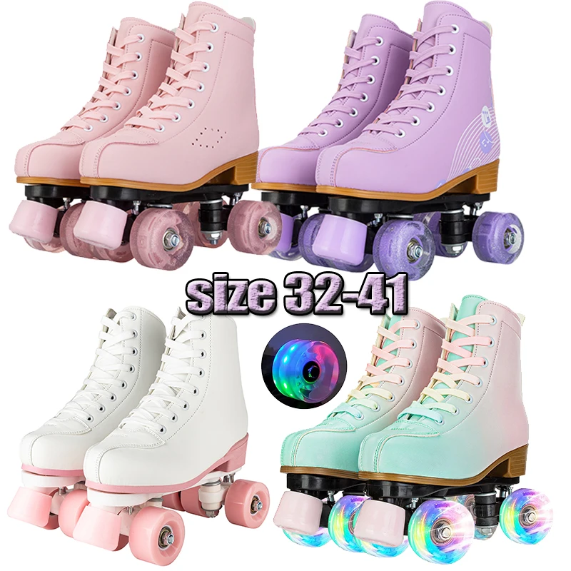 size 32 -41 Leather Double Row Roller Skates Inline Skate Shoes 4 Wheels Sneakers Women Men Adults Outdoor Sports Ice Skating