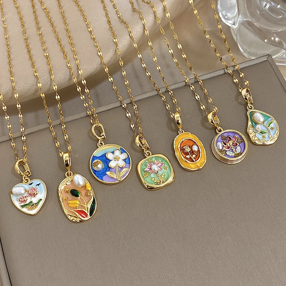 Chic Oil Painting Style Flower Pearl Enamel Abstract Necklace Fashion Golden Stainless Steel Chain Pendant Necklaces Jewelry