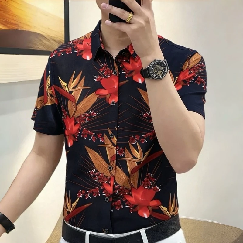 

Men's Casual Floral Print Shirt Short Sleeve Non Iron Summer Beach Shirts Loose Fit Hawaiian Style Blouse for Youth Daily Wear