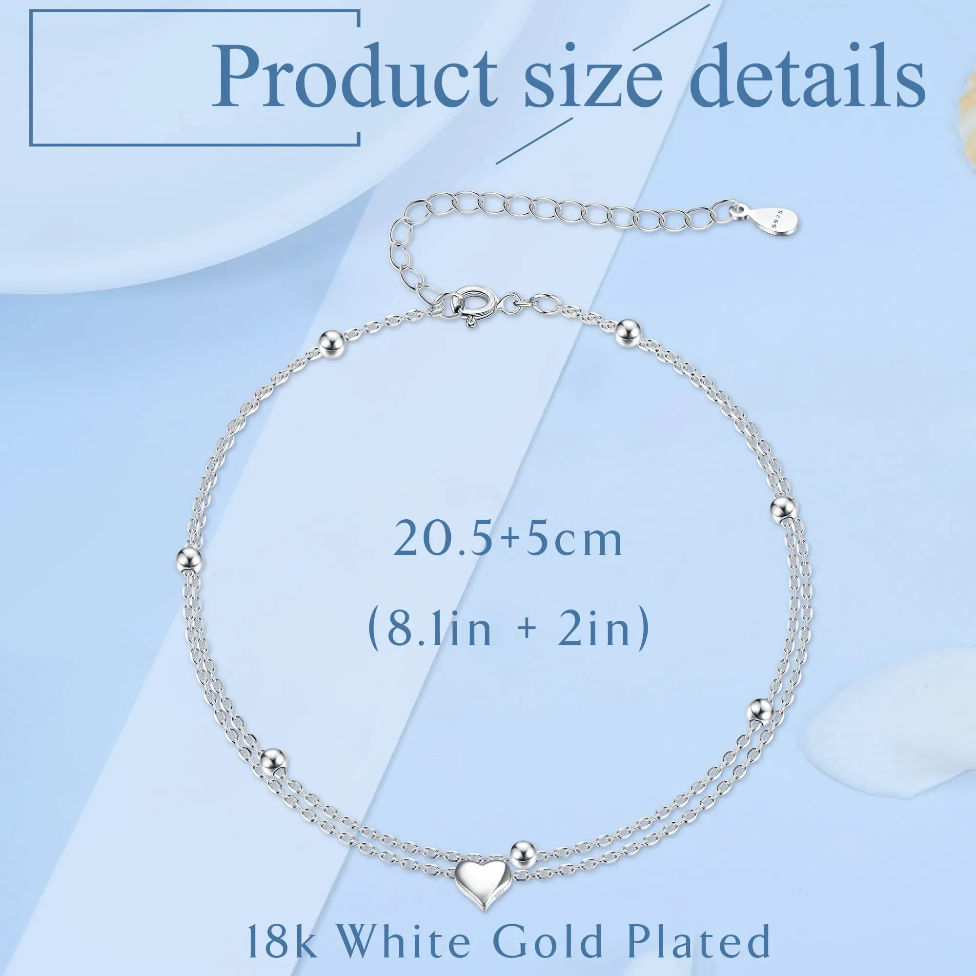 Fansilver S925 Sterling Silver Ankle Bracelets for Women Heart Beaded Anklet Layered Dainty Chain Adjustable Beach Foot Jewelry