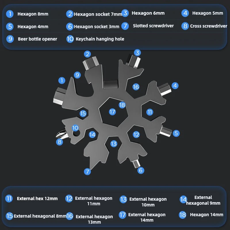 18-in-1 Rozsdamentes Acél snowflakes multi-tool herramienta 18 En 1 multifunctional Munkaeszköz copo Delaware nieve llave multiusos