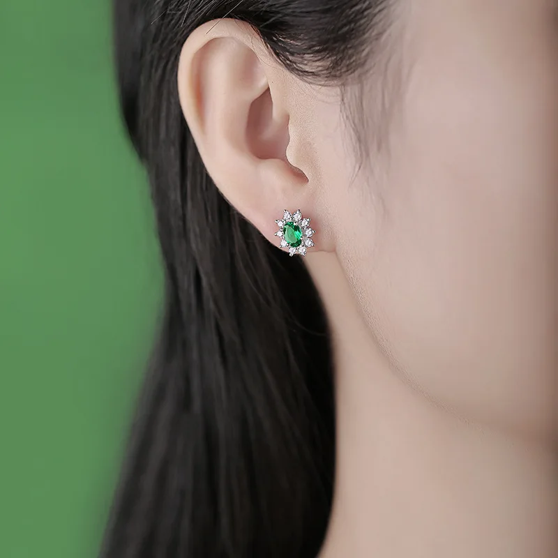 Fashion 925 Sterling Silver Inlaid Zircon Oval Cultivate Emeralds Earring For Women Luxury Party Jewelry Gift