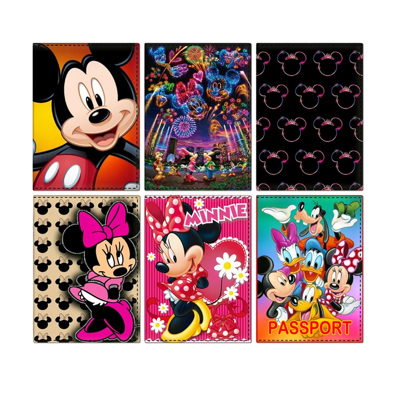 Funda de pasaporte de Minnie para mujer, tarjetero de viaje de dibujos animados de Disney, Cartera de cuero de Mickey para tarjetas de crédito, bonito estuche para boletos de pasaporte