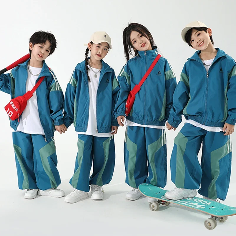 Kpop Jazz tenue de danse enfants Hip Hop vêtements de danse bleu survêtement ample Costume de pom-pom girl vêtements de danse de rue DL11046