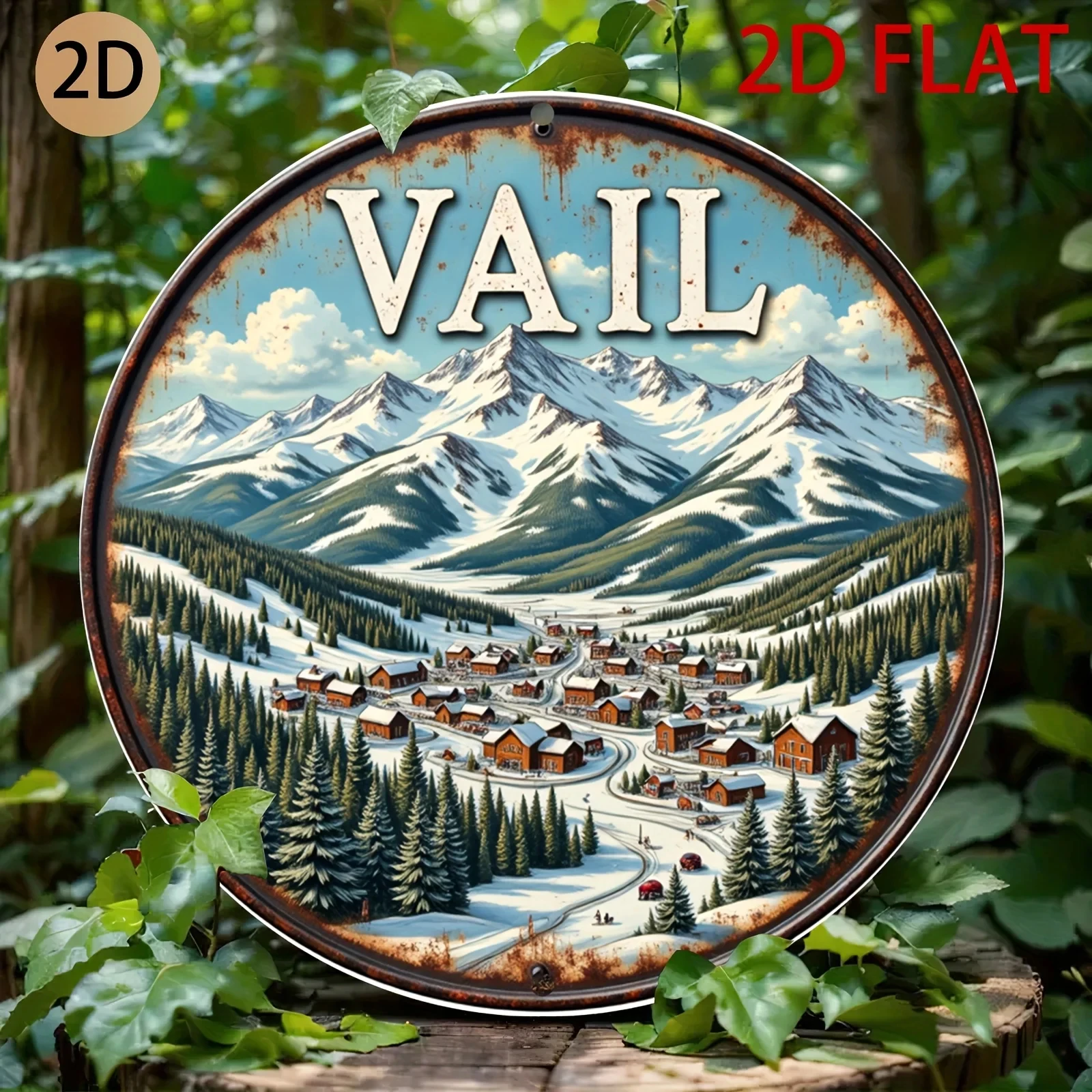 2D Flat, 2D Flat Circular Valley-Themed Tin Metal Sign, Village Design, Suitable for Home Cabins or Ski-Themed Decoration, 2D F