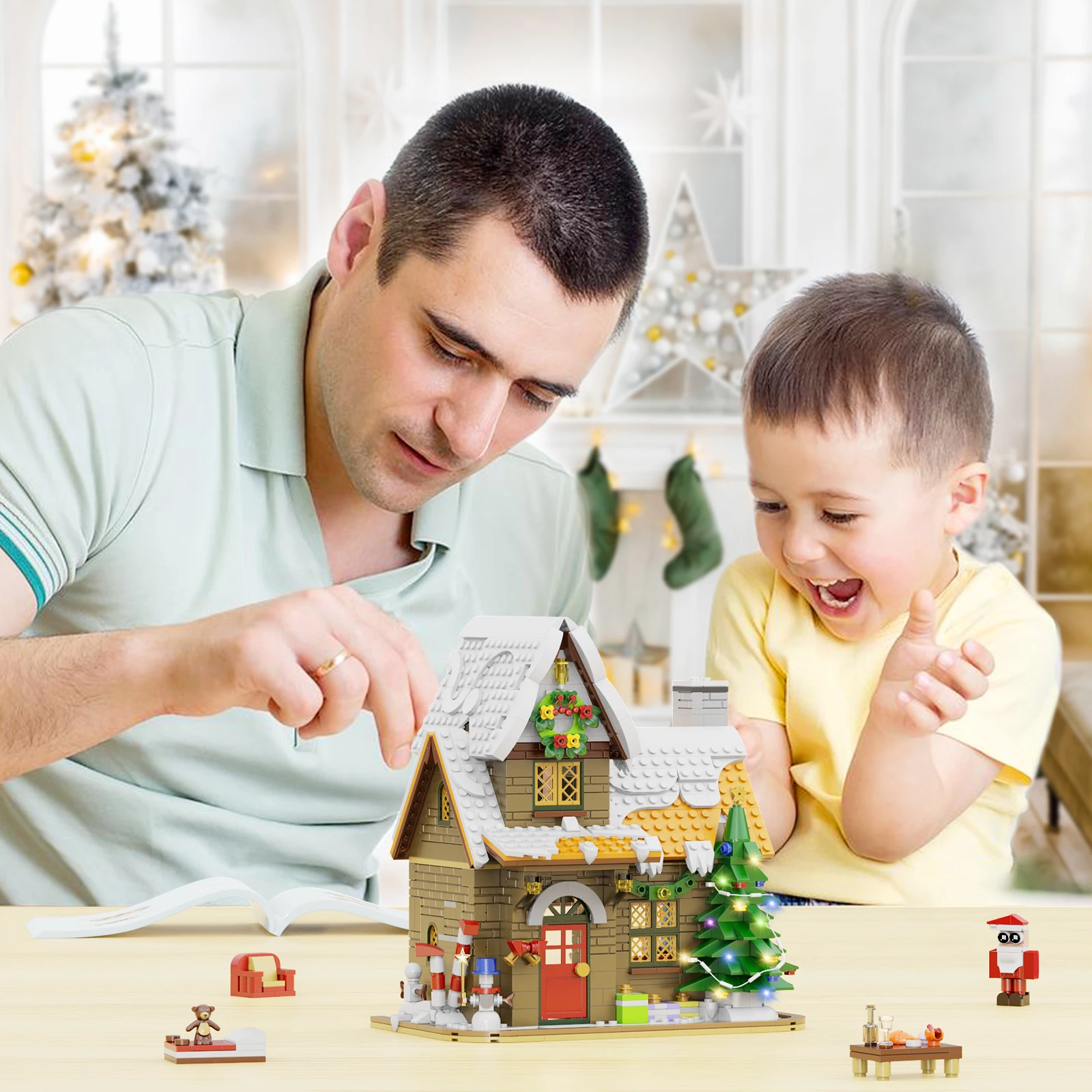 Kit de bloques de construcción de casa de nieve de Navidad con luces LED, Escena de Navidad, modelo de arquitectura, ladrillos, juguete para niños, regalo de Navidad