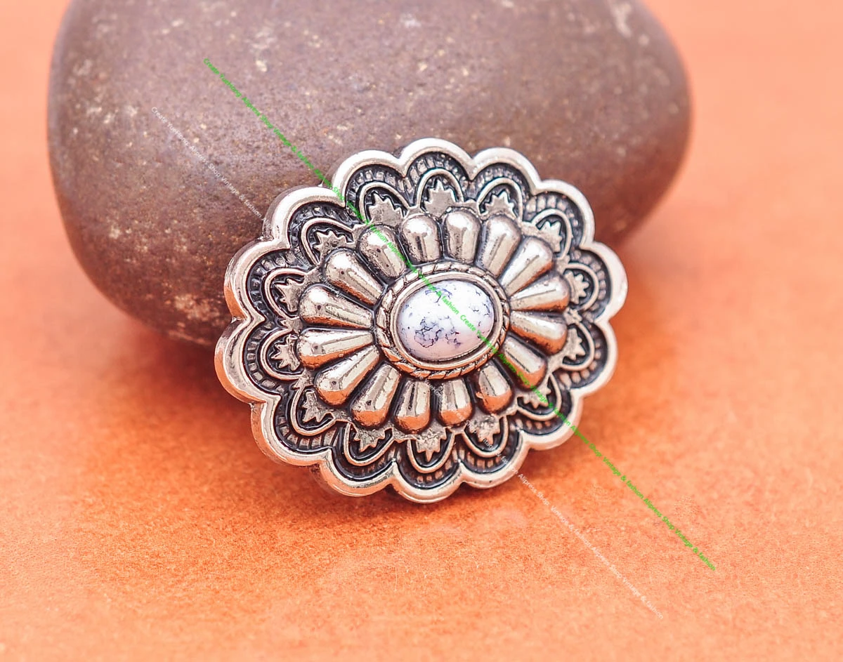 35*28MM Antik Silber Ethnische Indische Blumenkunst Himmelblau Türkis Concho Screwback Für Lederhandwerk Gürteltasche Hut Hardware – Detail 2