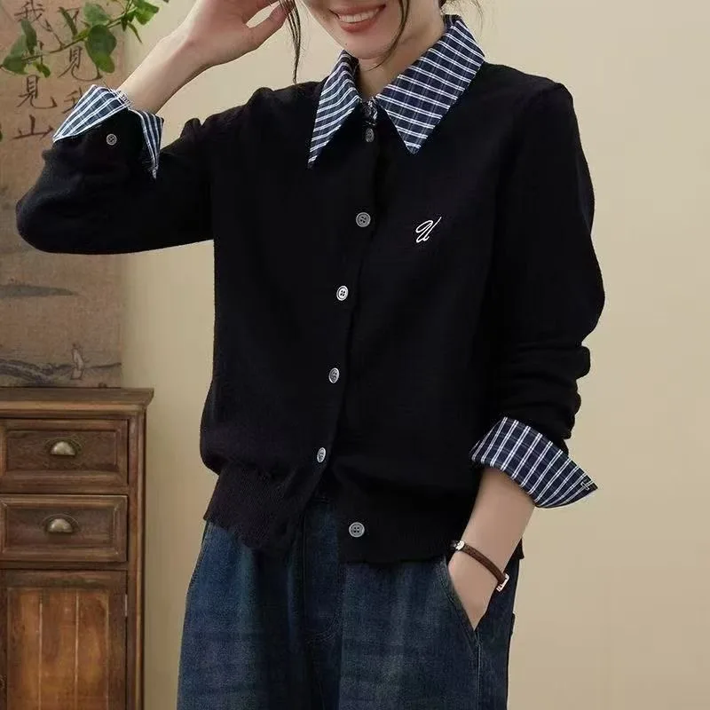 

Contrast Color Splicing Casual Plaid Polo Collar Fake Two-piece Long-sleeved Sweater Women's Sweater Top