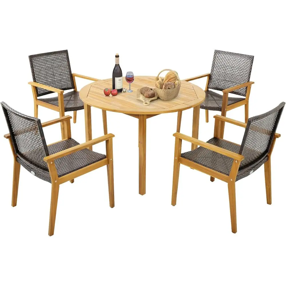 

5-Piece Outdoor Dining Set: 4 Wicker Armchairs & Acacia Wood Round Table for Patio, Garden, or Poolside