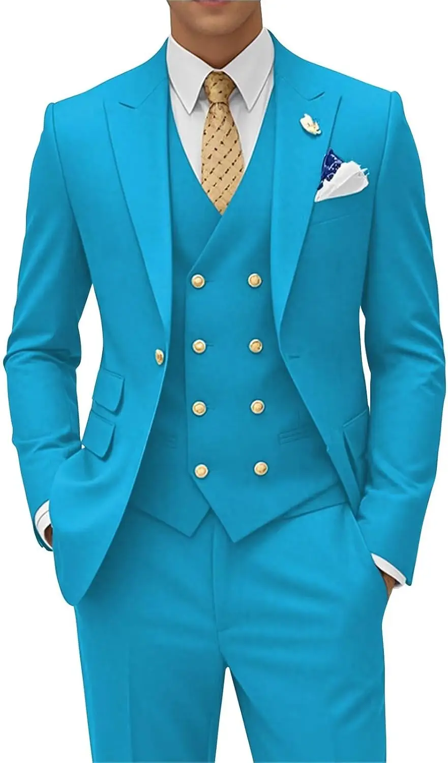 

Мужской костюм-тройка классического кроя: двубортный пиджак, жилет и брюки с золотыми пуговицами для свадьбы и выпускного вечера