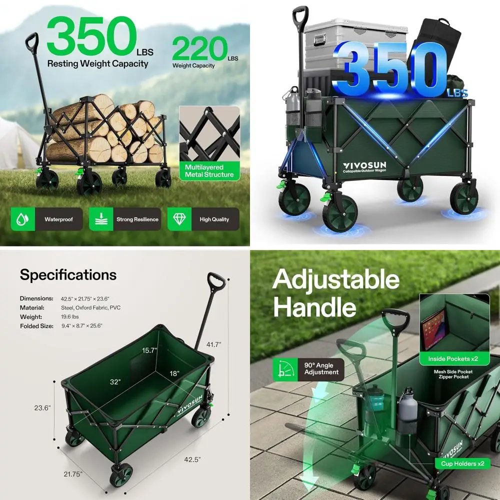 Folding Wagon 350lb Outdoor Utility Cart with Silent Wheels, Cup Holders, Side Pockets, Adjustable Handle for Camping, Gardening