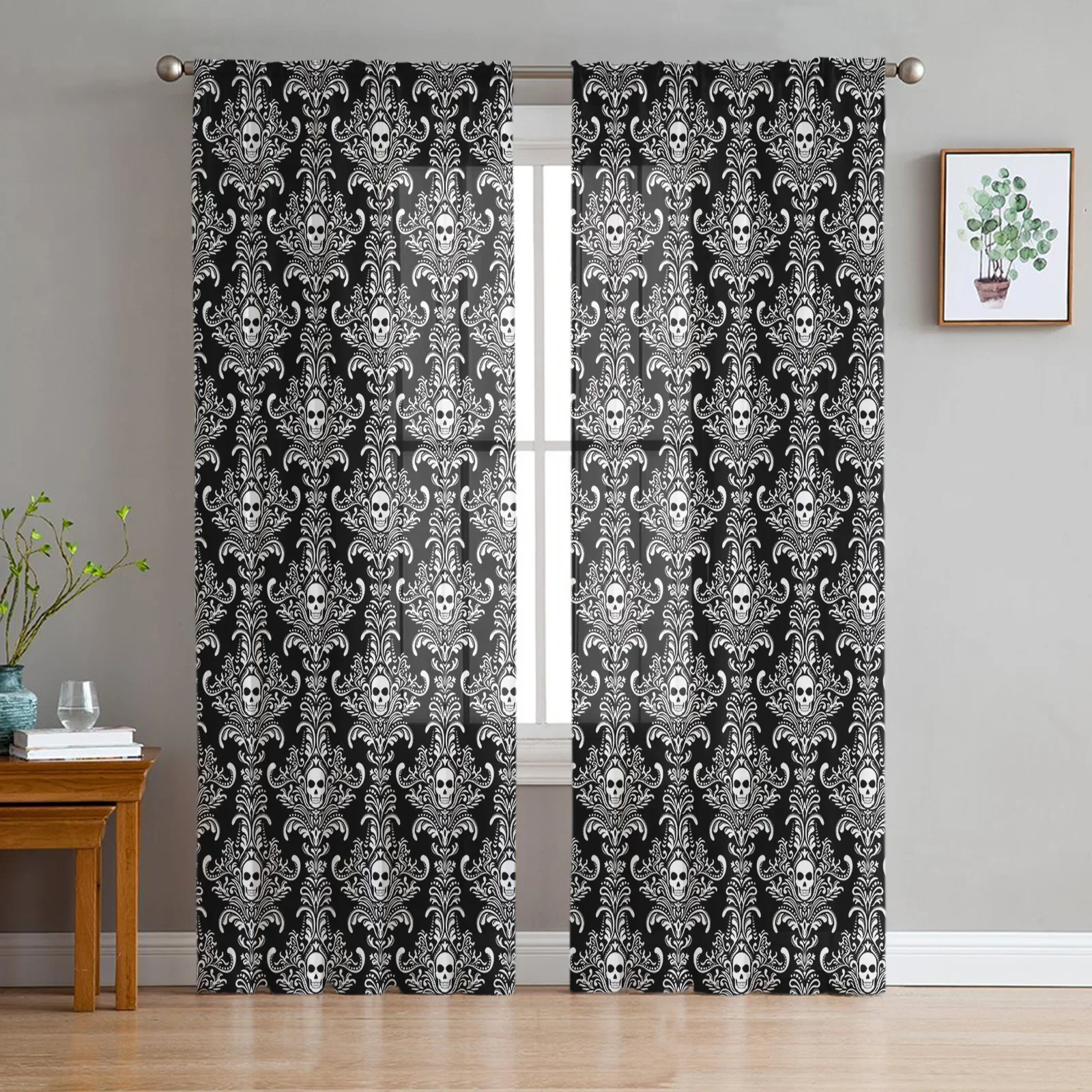 Skull Black White Lace Tulle Voile Curtains For Bedroom Window Curtain For Living Room Sheer Curtains Blinds Organza Drapes