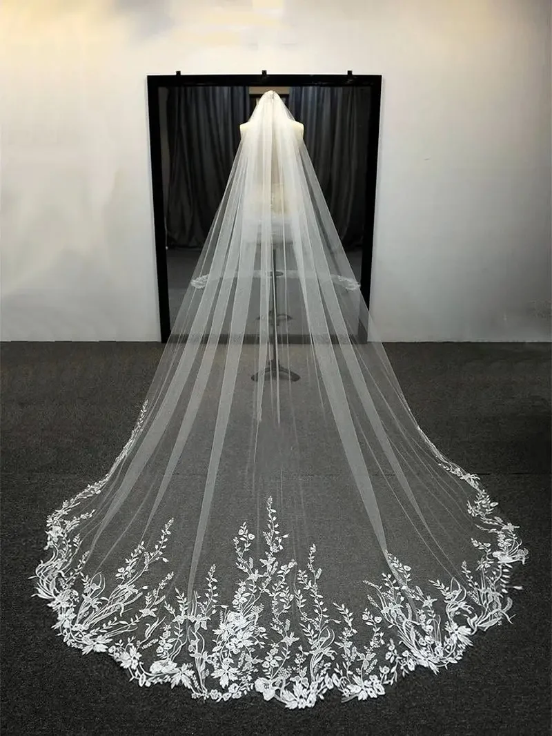 3m 4m Sparkling White Ivory Long Bridal Veils Wedding Veil Lace Appliques Soft Net Cathedral Veil velos de novia voile de marie