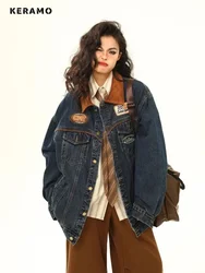 2024 Winter American Women Single Breasted Loose Y2K Appliques Coat Casual Turn Down Collar Baggy Patchwork Retro Denim Jacket