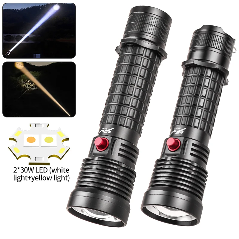 High Bringhtiness amphibious flashlight professional night diving lighting 30W LED white light+yellow long-range flashlight