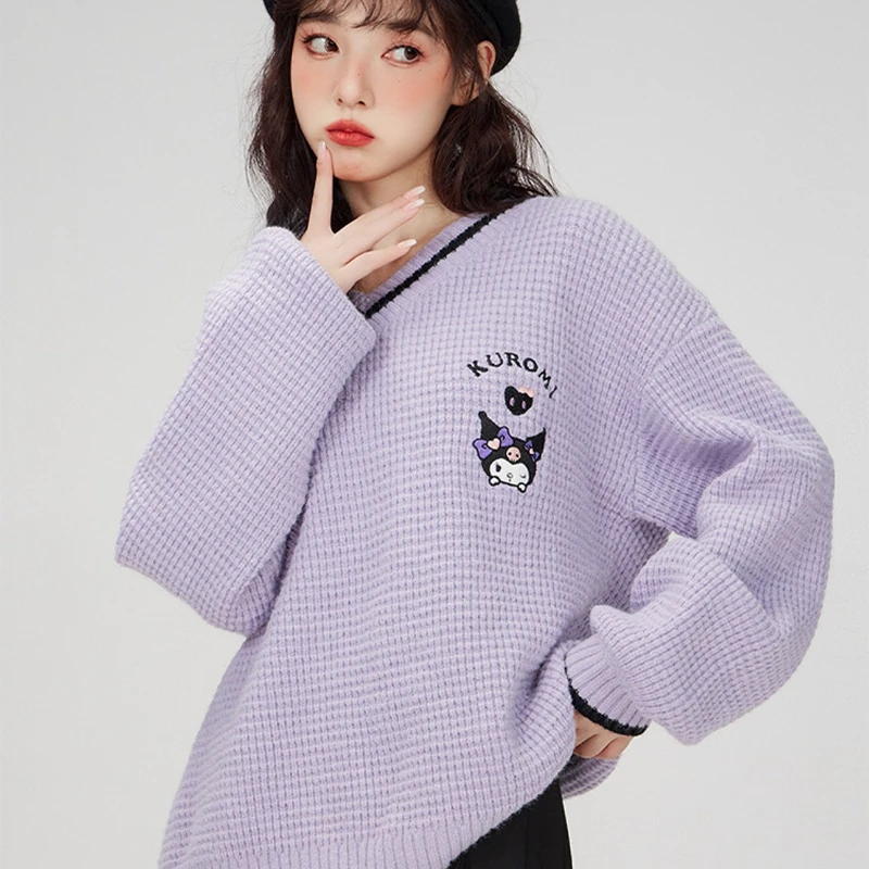 Cute Cartoon Kuromi Embroidery Knitted Sweater Women College Style V Neck Tops Girls My Melody Cinnamoroll Cute Sweet Pullover view 4