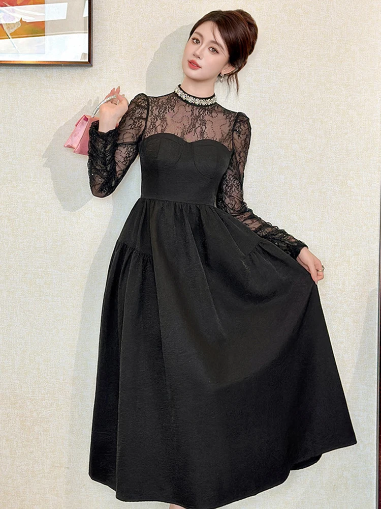 فستان نسائي فرنسي مثير باللون الأسود المبهر مزين بالترتر مع زخارف ماسية، حشوات لوحة من الدانتيل الشفاف للحفلات الراقصة أو جالاس الرسمي #4