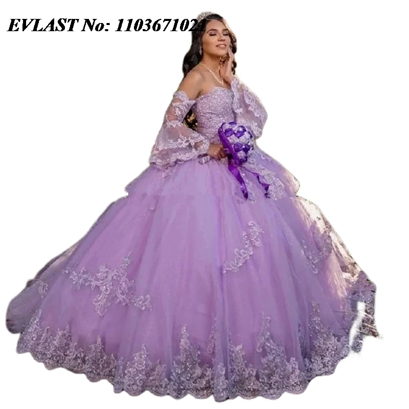 Evlast Glanzende Lila Quinnceanera Jurk Baljurk Kant Applique Kralen Kristallen Gelaagde Mexicaanse Sweet 16 Vestidos De 15 Anos Sq516