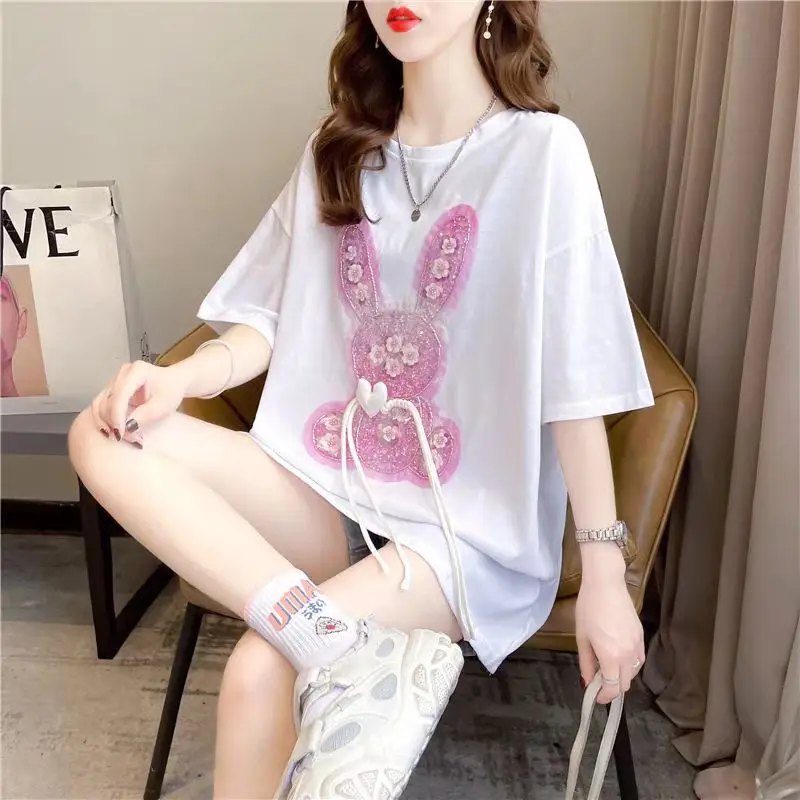 Pink Rabbit Cotton T-shirt Heavy Sequin Bowknot Cartoon Graphic T Shirt Summer Tees Tops Accessories Y2k Clothes Korean Casual