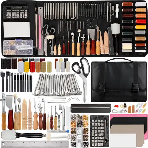 160-Piece Professional Leather Craft Tool Kit with Storage Bag for Stamping, Sewing, Carving, Cutting & Punching