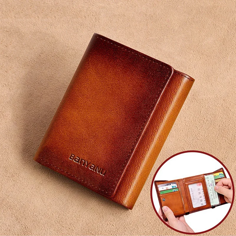 Genuine Leather Trifold Men's Wallet RFID Cowhide Retro Short Card Holder Casual Male Purse Vertical Money Bag Wallet for Men