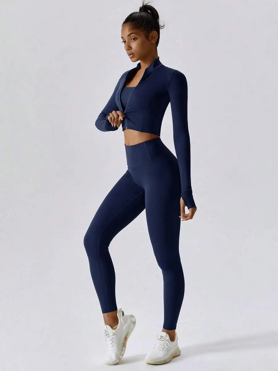 

Womens Cropped Zip-Up Sports Set High Elasticity Yoga Running Leggings