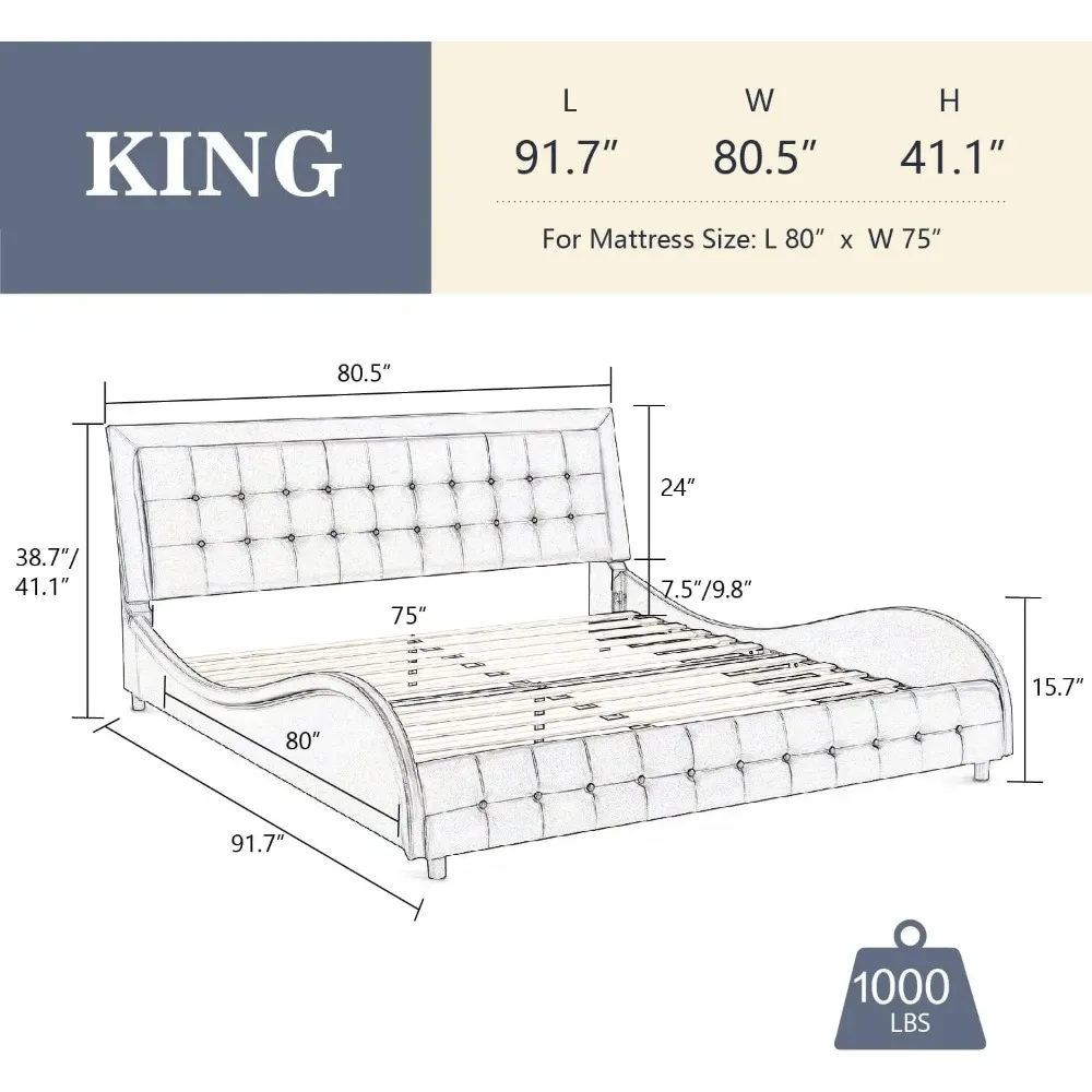 King Bed Frame with Adjustable Headboard/Box-Tufted Upholstered Platform Bed/Mattress Foundation with Wood Slat Support