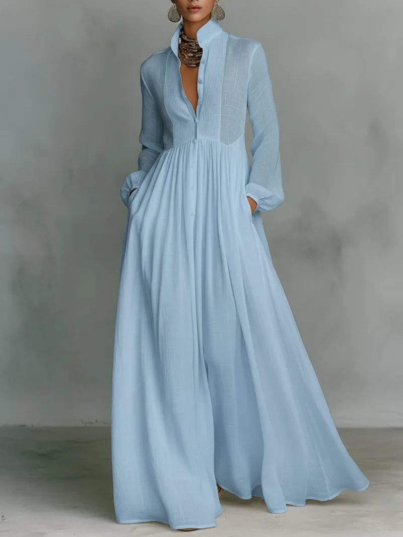 

Bohemian Stand Collar Button Maxi Shirt Dress Woman Elegant High Waist Solid Party Dress Spring Long Sleeve Loose Casual Dresses