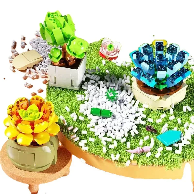 Flower Succulents Building Blocks Everlasting Flower Bonsai Tree Gardens Romantic Bricks DIY Potted Plants Model Kids Toys Set