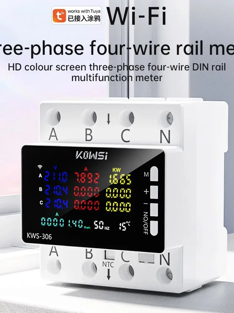 KWS-306 Tuya WIFI Miernik Mocy 3-fazowy 4-przewodowy Szynowy Miernik Energii Napięcia Prądu Zdalne Sterowanie Aplikacją AC 85-290V 80A Woltomierz Amperomierz — 2