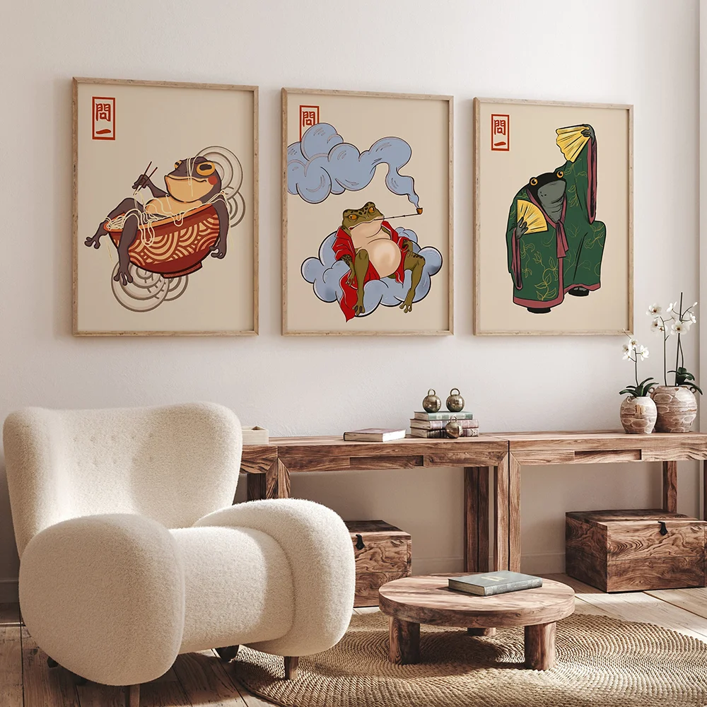 Retro Japanese Frog Series Canvas Poster Frameless Abstract Funny Frogs Aesthetic Animal Canvas Prints for Living Room Decortion