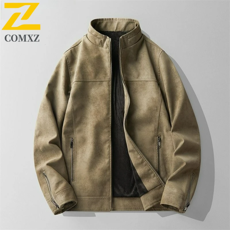 COMXZ Premium Men PU Leather Jacket Fashion Classic Stand Collar Camping Windproof Leather Coat Outdoor Durable Autumn Jackets ​