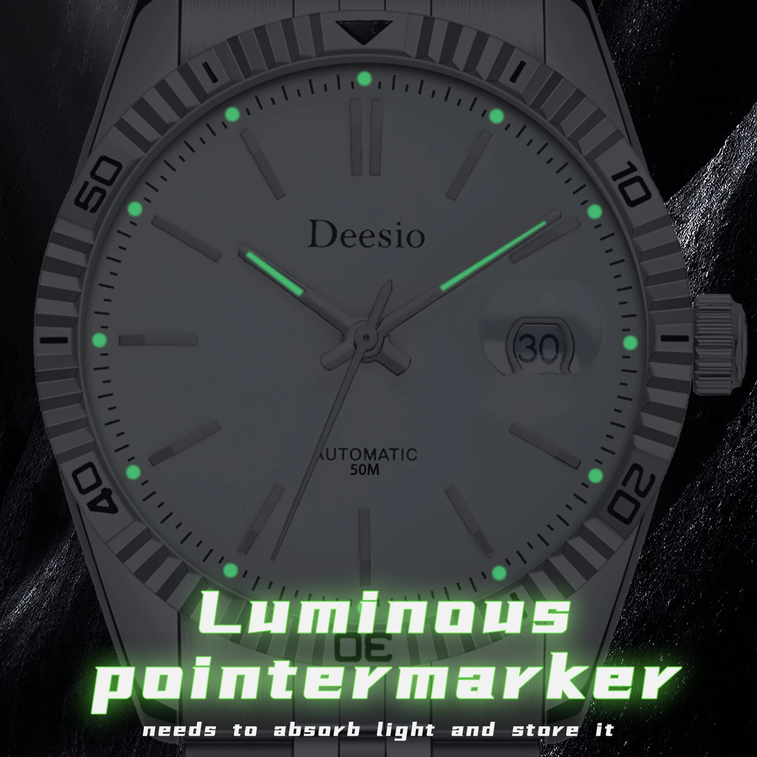 Deesio relógio mecânico automático masculino de luxo 50m à prova d'água vestido de negócios caixa de aço inoxidável luminoso presente perfeito para ele