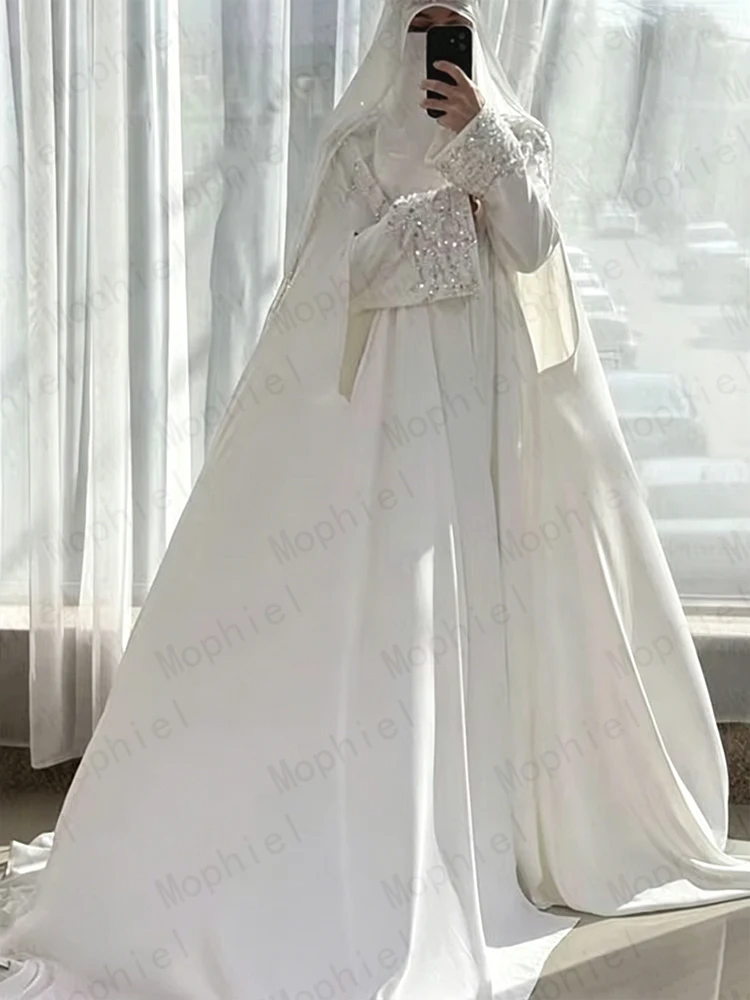 Muslim Weddings Dresses Hijab Long Sleeve High Neck Detachable Shawl Stain 2 in 1 Bride Dress Sequined Bridal Gown Customized