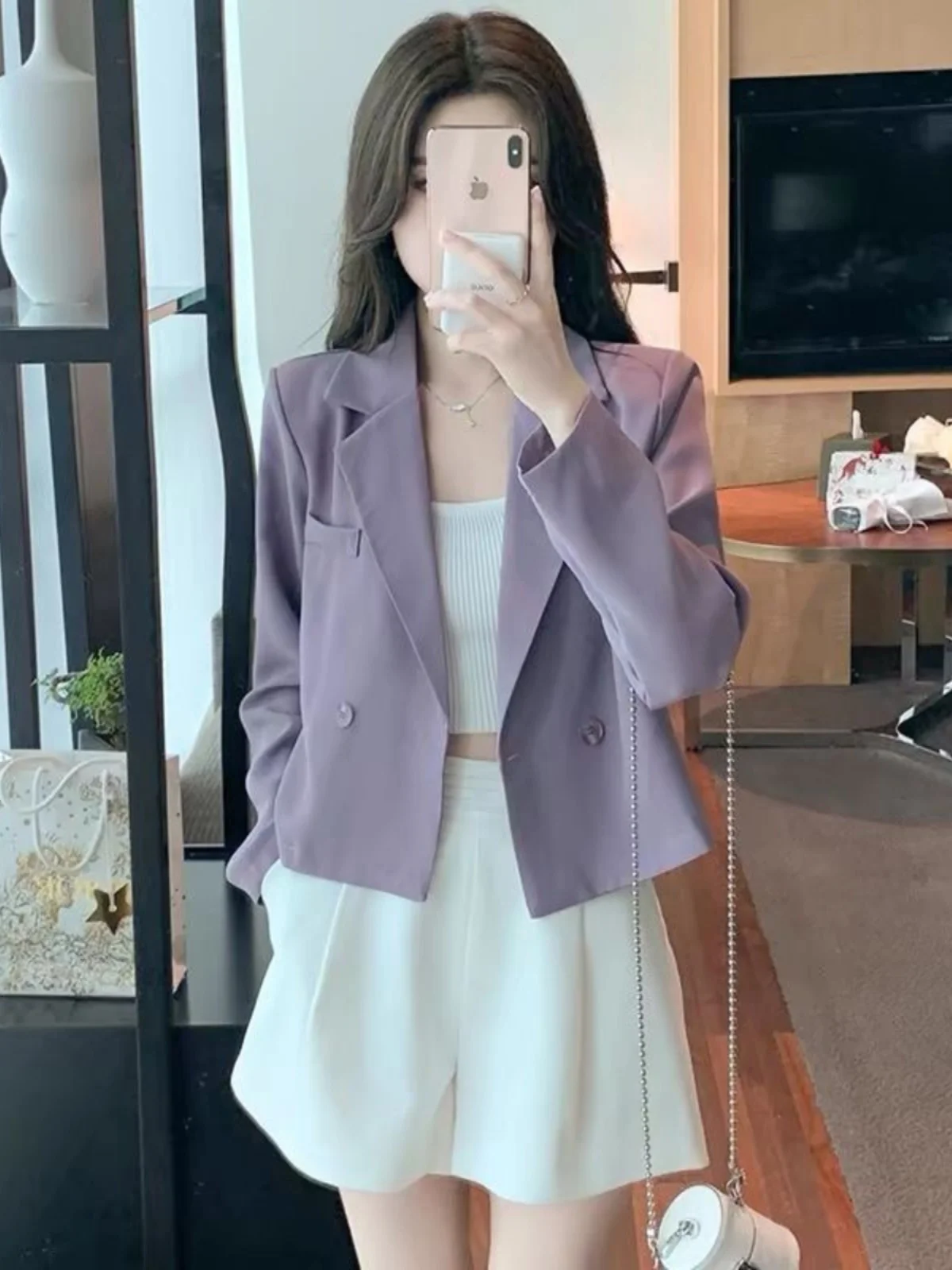 Elegant Short Tailored Jacket Women's Spring 2025 Fashion High Waist Long Sleeve Shirt Button Style Thin Polyester Fiber