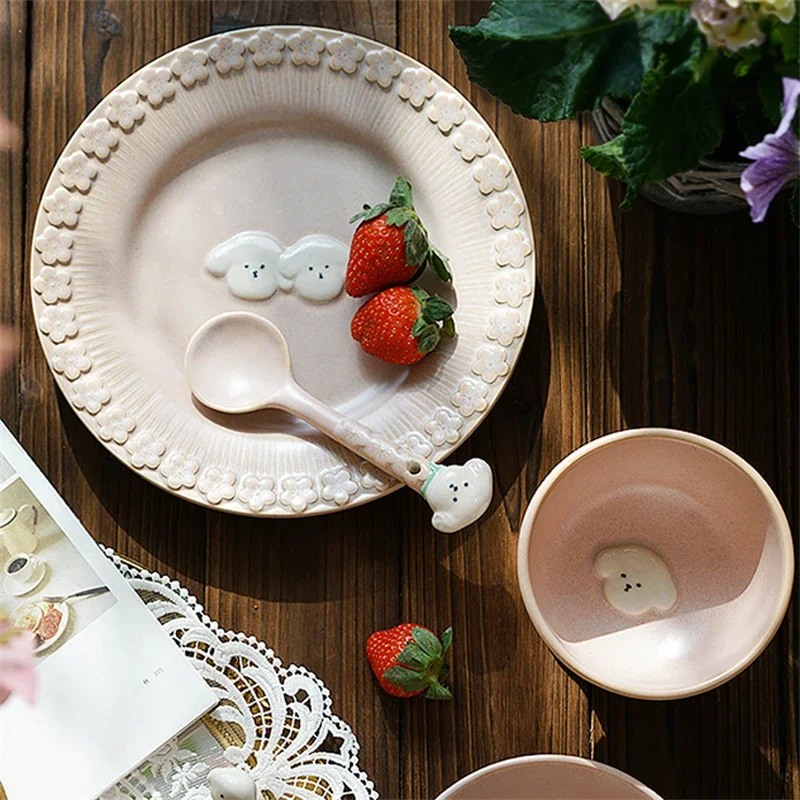 Romantic High Beauty Style Mug Relief Dog Cute Tableware Creative Ceramic Goblet Dim Sum Plate Pink Coffee Cup Set Meal