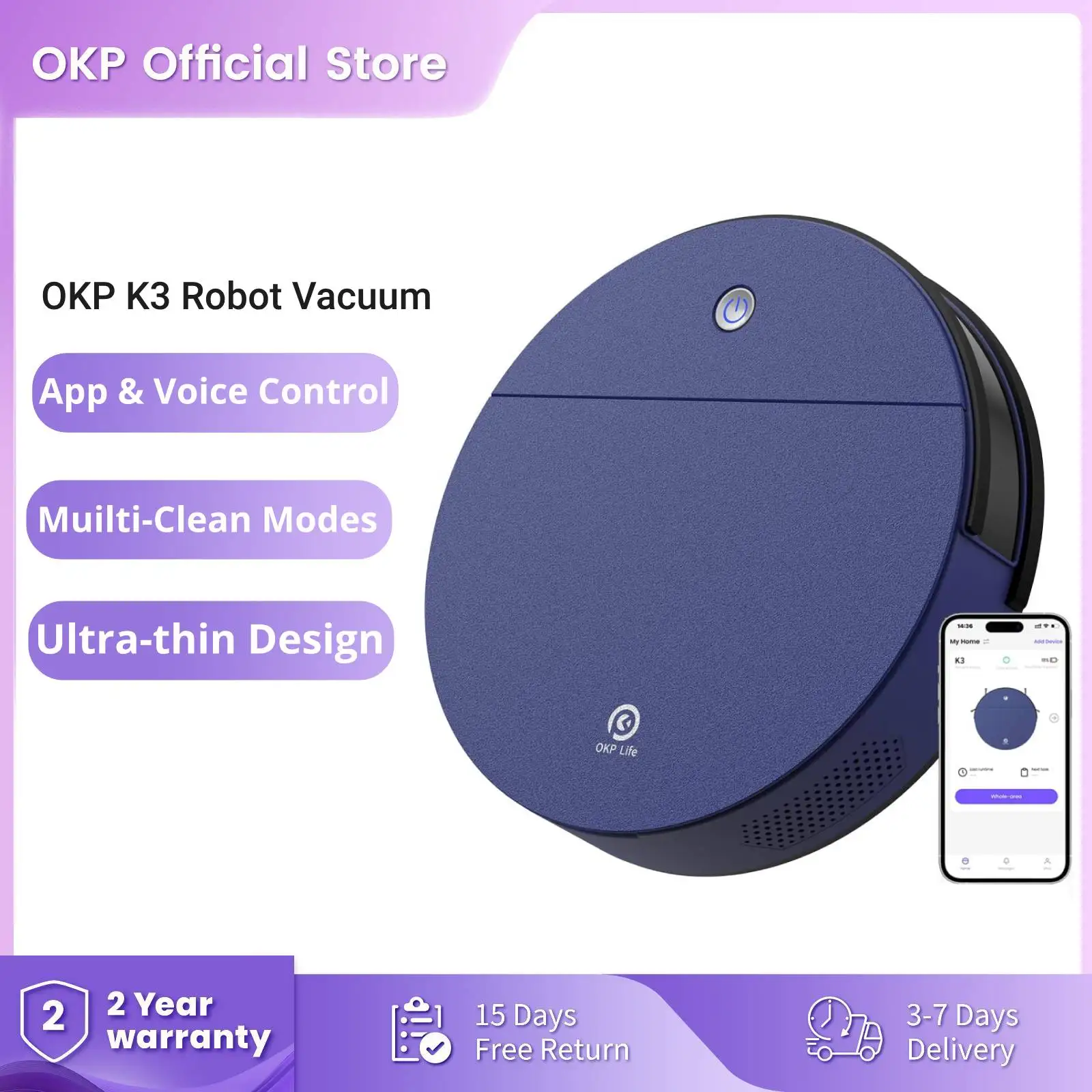 OKP K3 Robot Vacuum Cleaner 2000Pa Strong Suction Self-Charging home appliance,5 Cleaning mode for Hardfloor and Carpet