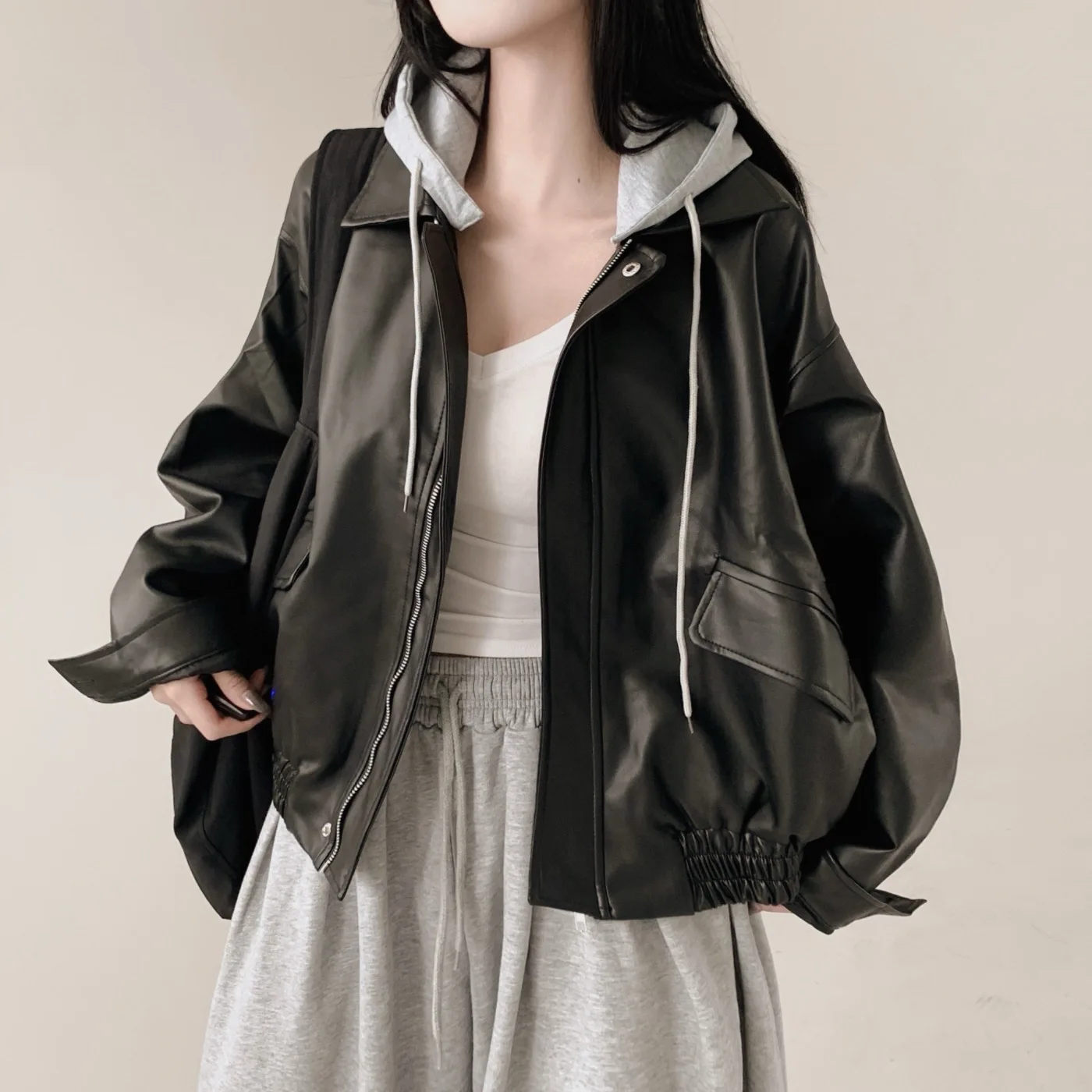 

Autumn Retro Hooded PU Leather Women Jackets Korean Style Loose Casual Zipper Design Outerwear New High Street Versatile Coat