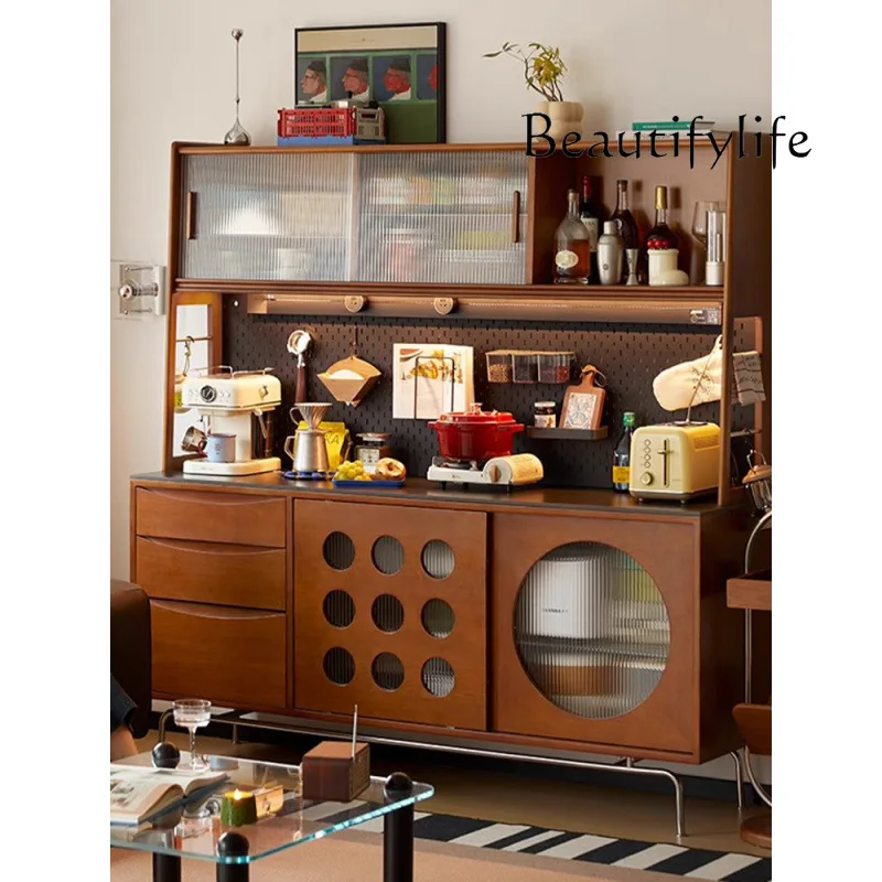 Retro solid wood dining side cabinet medieval wall integrated Nordic rock slab storage cabinet living room storage wall side cab