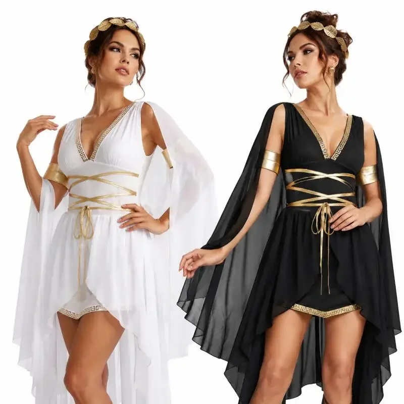 Nuevo Disfraz de Diosa Romana Griega para Mujer, Negro y Blanco, Sexy, Cleopatra, Atenea, Túnica de Cosplay con Capa, Diadema Dorada, Disfraces de Halloween