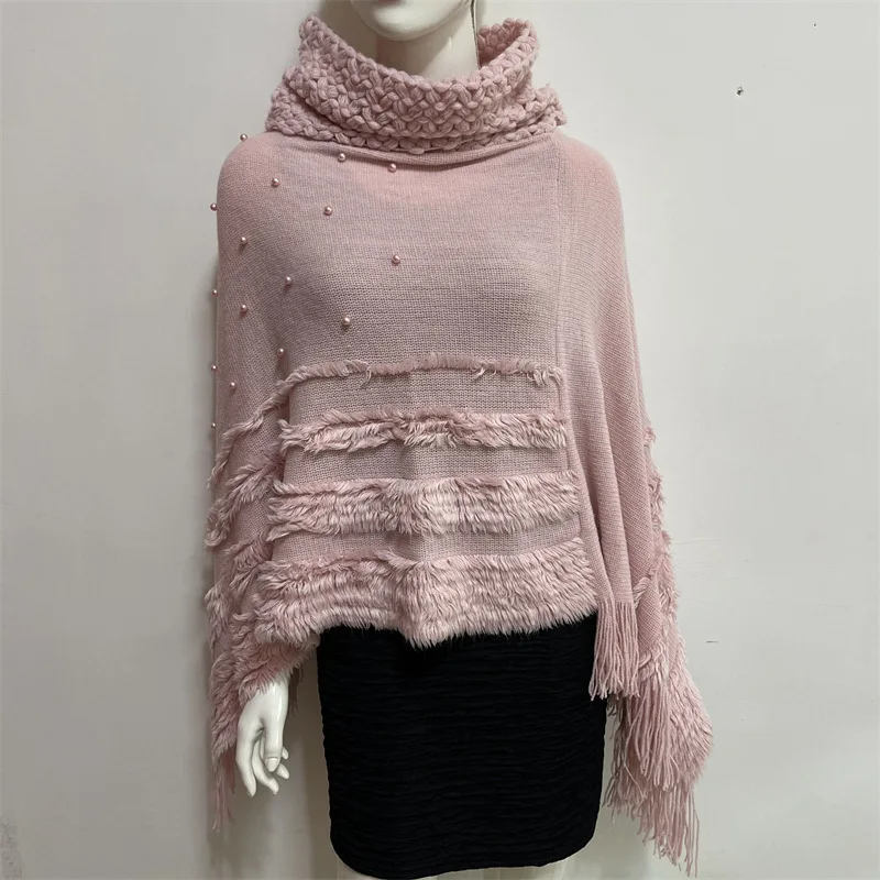 European American Autumn Winter New Jacquard Pearl Women Wear Warm High Collar Lady Shawl Cloak  Fashion Wine Red