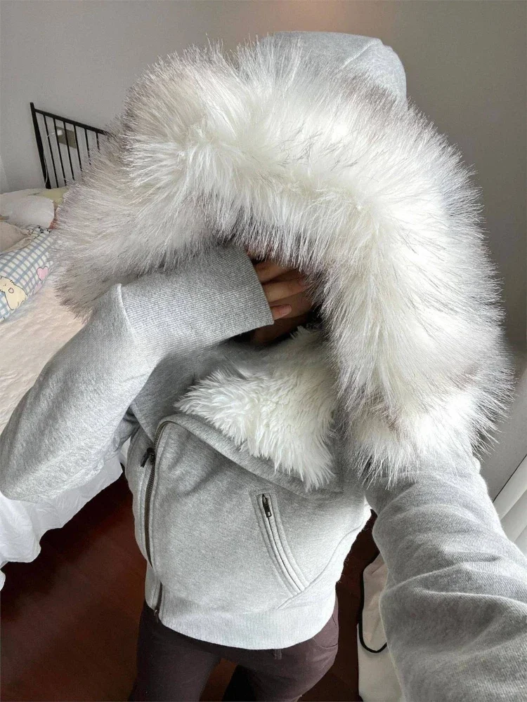 ฤดูหนาวเสื้อฮู้ดเก๋ผู้หญิงวิทยาศาสตร์ Y2k สตรีทแวร์เสื้อแขนยาวกรันจ์เสื้อ 2000s ผ้าขนสัตว์ลูกแกะเสื้อแจ็คเก็ตใหม่