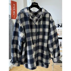 Plaid Coats for Women Vintage Autumn Hooded Cardigans Long Sleeve Plush Jackets Casual Mid-length Korean Style Women Clothing