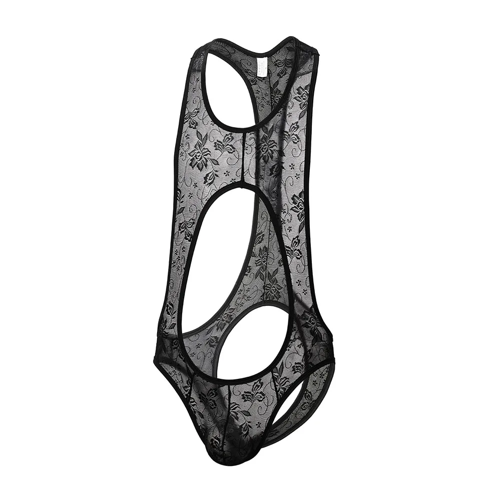 

Men M-XXXL Available Lace Jacquard Bodysuit U Pouch Open Rear Sissy Sexy Exotic Lingerie Sleeping Underwear
