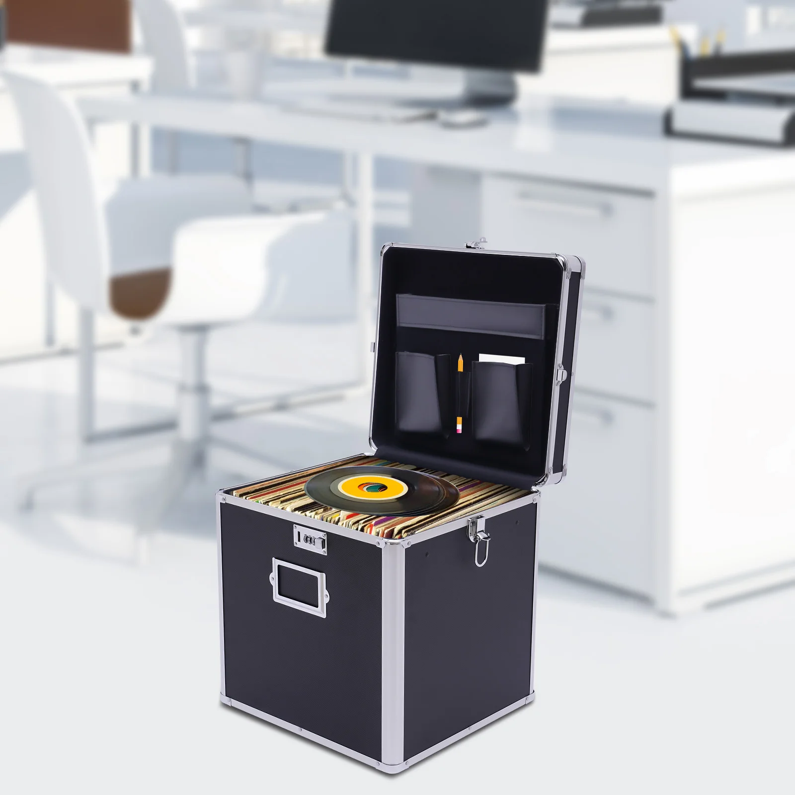 Modern Aluminum Record Lock Chest - 50 Vinyl LP Storage, Combination Lock, and Easy Carry Handle