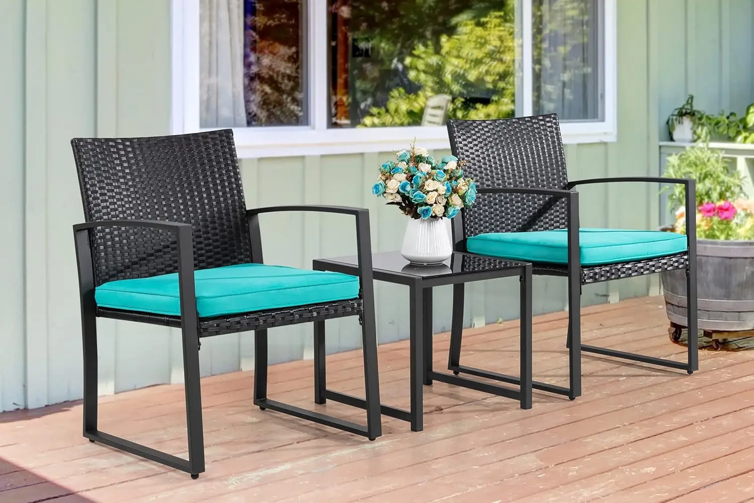 

3 Pieces Outdoor Patio Furniture Set, Modern Wicker Bistro Set, Conversation Rattan Chair of 2 with Coffee Table (Blue Cushion)