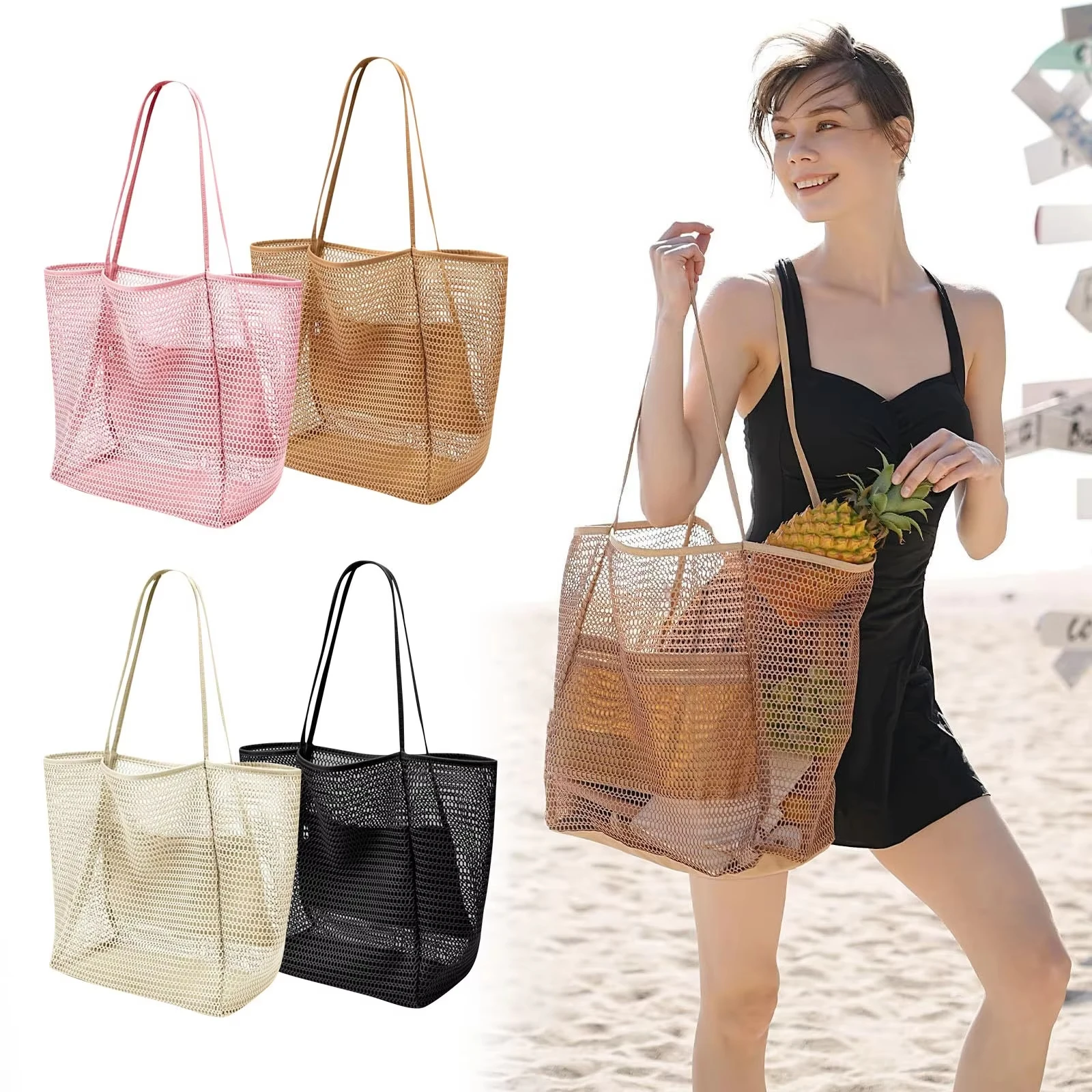 

Mesh Beach Bag Women's Shoulder Tote Bag Large Capacity Summer Outdoor Travel Bag Folding Beach Bag Mesh Handbag